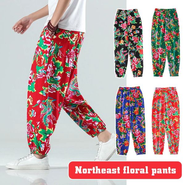 Mulheres Homens Floral Impresso Harem Baggy PantsChinese Étnico Baggy Fantasia Calças Unissex Traje Desempenho Corredores Sweatpants 240123