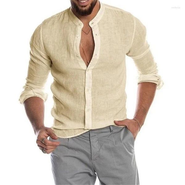 Erkekler rahat gömlek moda düz renkli gömlek düğmesi keten pamuk rahat günlük üst uzun kollu