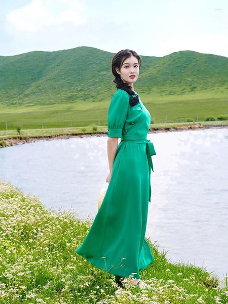 Roupas étnicas Tibetano Feminino Melhorado Vestido Verde Estilo Verão Diário Guozhuang Dança