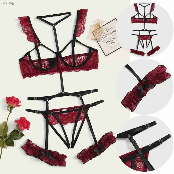 Altre mutandine Set di biancheria intima di pizzo sexy Intimo da donna Reggiseno aperto trasparente Set di mutandine Giarrettiera nera erotica YQ240130