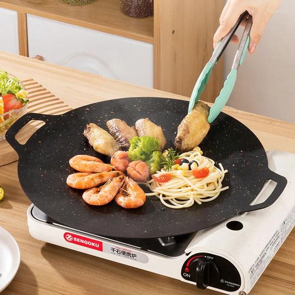 Pfannen BBQ Grill Pan Koreanische Runde Töpfe Outdoor Dicke Gusseisen Grill Braten Antihaft Maifan Stein Herd Camping Backformen tablett