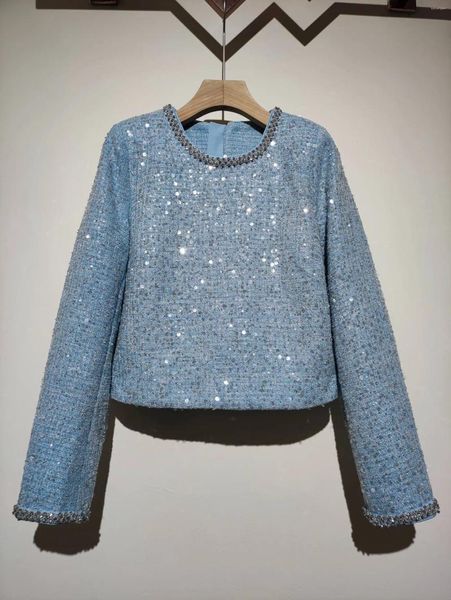 Damen T-Shirts 2024 Damenmode Langarm Sexy Casual Blau Pailletten Diamant Pullover Tweed Top 1219