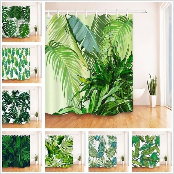 Cortina de chuveiro branca com folhas verdes, selva tropical, banheiro, natureza, à prova d'água, resistente a mofo, tecido de poliéster para decoração de banheira 2231r