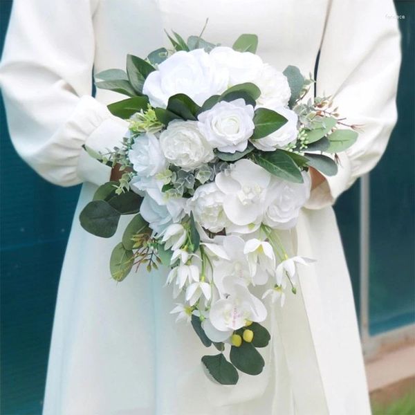 Flores de casamento buquês artesanais buquê de flores de rosa artificial lágrima noiva dama de honra segurando com fita para igreja