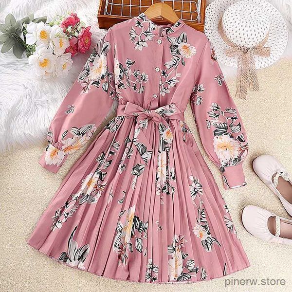 Mädchenkleider Kleid für Kinder, 8–12 Jahre, rosa bedrucktes, langärmliges, plissiertes Kleid für Mädchen, elegantes Urlaubs-Partykleid