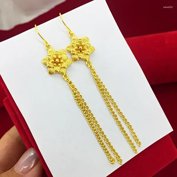 Brincos pendurados hoyon 18k amarelo ouro cor gota brinco para mulheres luxo flor forma longa borla feminino casamento menina jóias finas