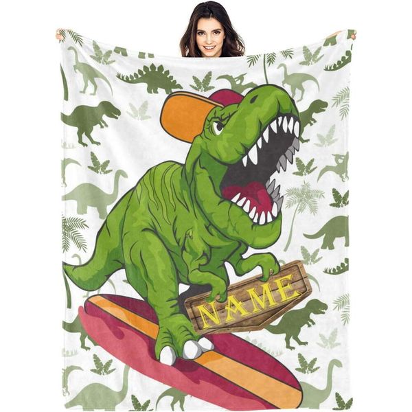 Dinossauro personalizado para crianças, manta personalizada com nome, meninos e meninas, decoração de quarto de criança, cobertores exclusivos para crianças