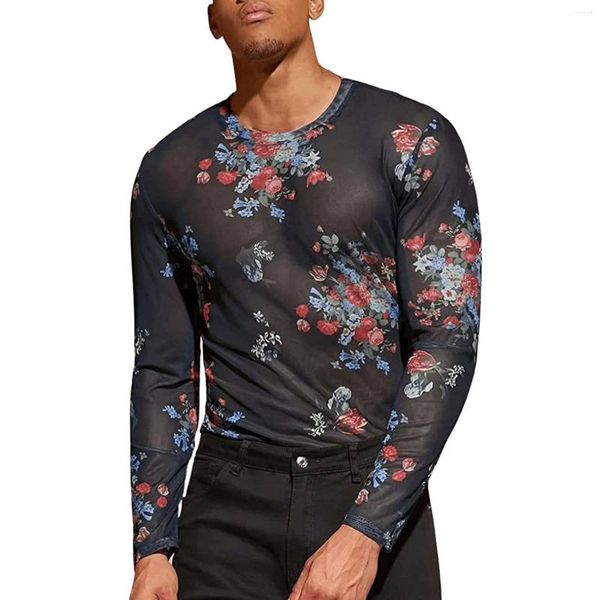 Magliette da uomo Camicia maschile trasparente Maglia nera con stampa elasticizzata a maniche lunghe con fondo floreale Canottiera elegante da festa