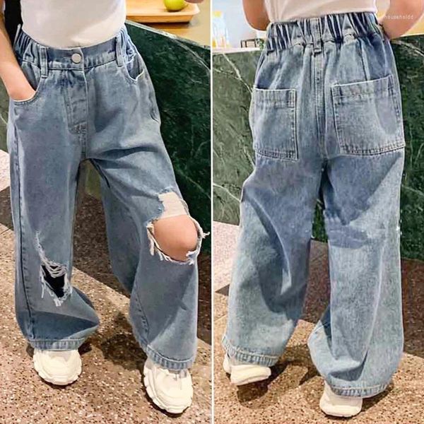 Hosen Mädchen Jeans Hosen Kleidung Kinder Gerade Ripped Loch Lose Elastische Taille Kind Teen Denim Breite Bein