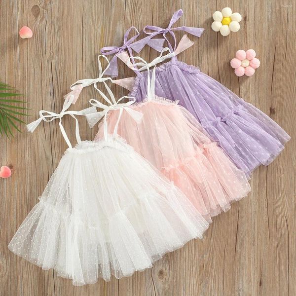 Vestidos de menina infantil vestido sem mangas com malha alças ajustáveis pequena princesa roupas de verão