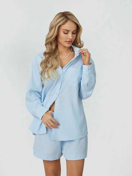 Mulheres Tracksuits Mulheres Verão Loungewear Set Stripe Imprimir Manga Longa Bolso Lapela Tops com Cintura Elástica Shorts 2 Peças Pijamas