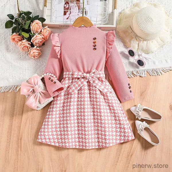 Abiti da ragazza Primavera Autunno Nuovo vestito Bambine per bambini 4-7 anni Bambine Abito scozzese patchwork lavorato a maglia rosa Stile preppy Abiti casual dolci