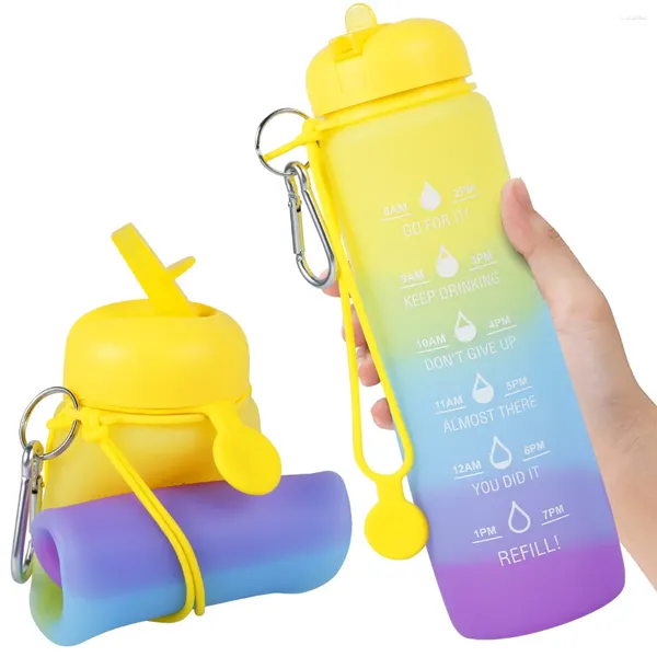 Garrafas de água 600ml garrafa BPA-livre silicone à prova de vazamento bebendo jarro portátil dobrável bonito copo com marcador de tempo para