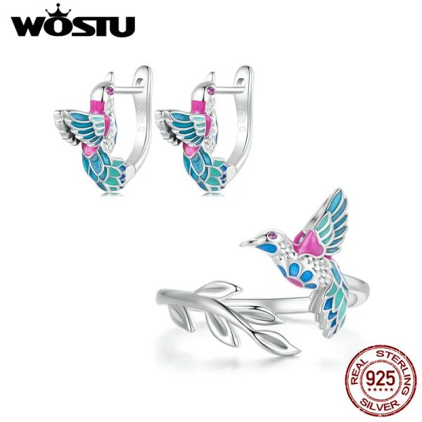 Halskette WOSTU 925 Sterling Silber Eisvogel Ohrringe Öffnungsring Bunte Emaille Schmuck für Frauen Frühling Vogel Party Geburtstagsgeschenk