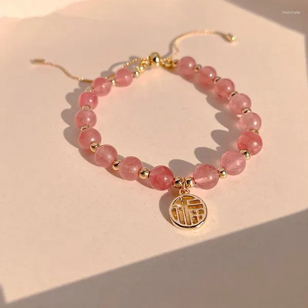 Bracciale con carattere di benedizione con perline di cristallo naturale di fragola per l'amica della ragazza piccante dolce e fresca da donna