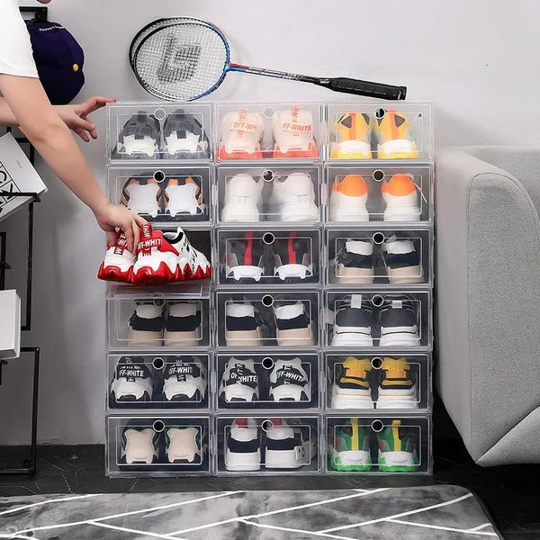 Trasparente 1-12 pezzi Set di scatole di scarpe pieghevoli di stoccaggio in plastica trasparente porta di casa armadio organizzatore caso scaffale pila all'ingrosso 240129