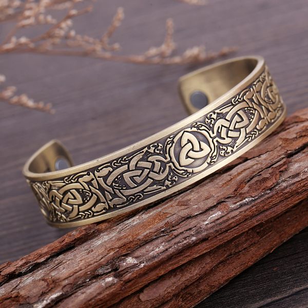Viking triquetra manguito magnético 14k pulseira de ouro branco masculino ajustável amuleto viking nó celta pulseiras presente para mulher