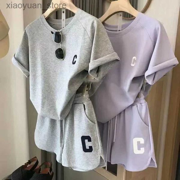 T-shirt das mulheres Casual Sports Suits Mulheres Verão Curto T-shirt Tops Wide Leg Shorts Moda Running Two Piece Sets Womens Roupas Sporty Outfit 240130