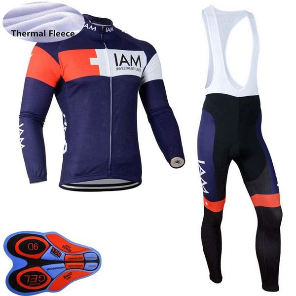 Conjunto de camisa de ciclismo de inverno da equipe IAM de lã térmica masculina, camisas de manga comprida, calças bib, kits de roupas de mountain bike, corrida de bicicleta spo2567