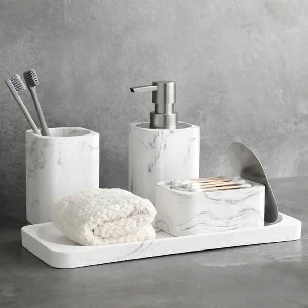 Set Accessori Bagno Set Dispenser Sapone Barattolo Cotone Bicchiere Collutorio Bicchiere Finto Marmo Portaspazzolino e Vassoio Marmo Bianco