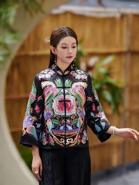 Ethnische Kleidung, altmodische Stickerei, chinesischer schwarzer Frauen-Front-offener Mantel