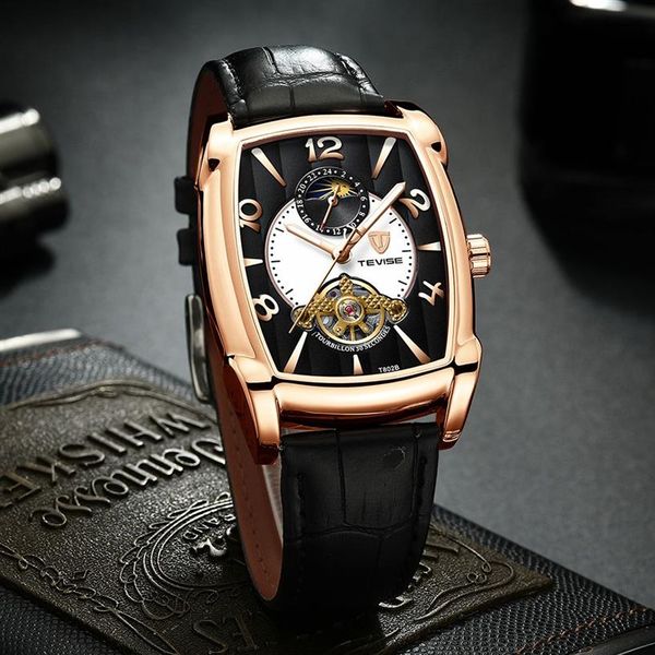 Tevise relógios masculinos fase da lua tourbillon relógio mecânico masculino couro luminoso esporte relógio de pulso relogio masculino268x