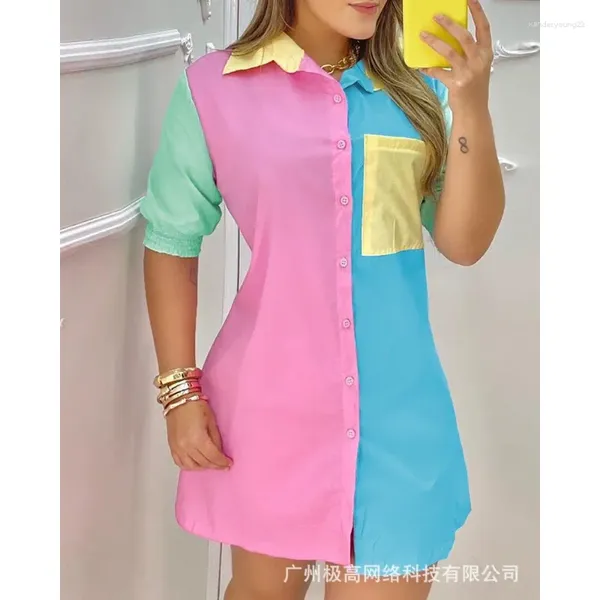 Vestidos de festa Wepbel lapela camisa vestido botão frontal bolso design retalhos mulheres casual verão manga longa colorblock