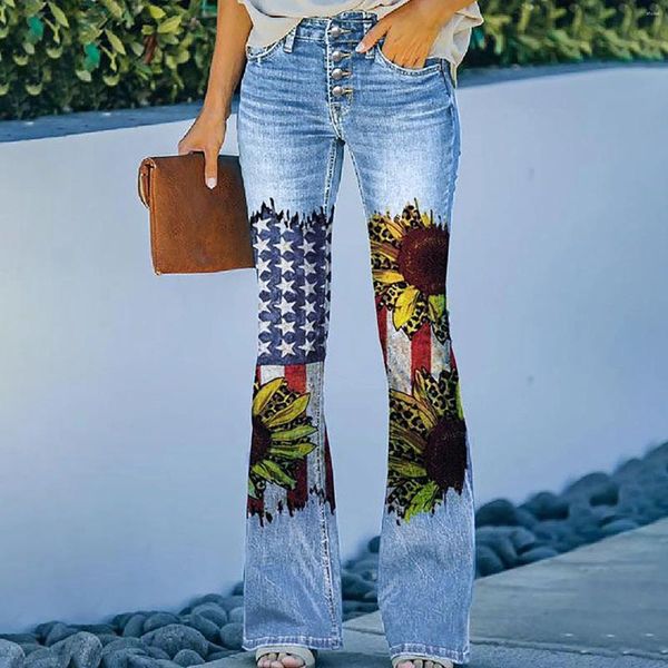 Jeans da donna Bootcut modello bandiera effetto consumato pantaloni casual con stampa denim svasato fiore chic streetwear Y2k vestiti