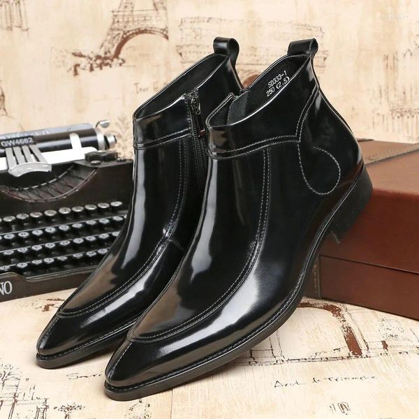 Sapatos de vestido tendência homens botas de couro de patente de alta qualidade único confortável apontado trabalho diário desgaste atmosférico casamento