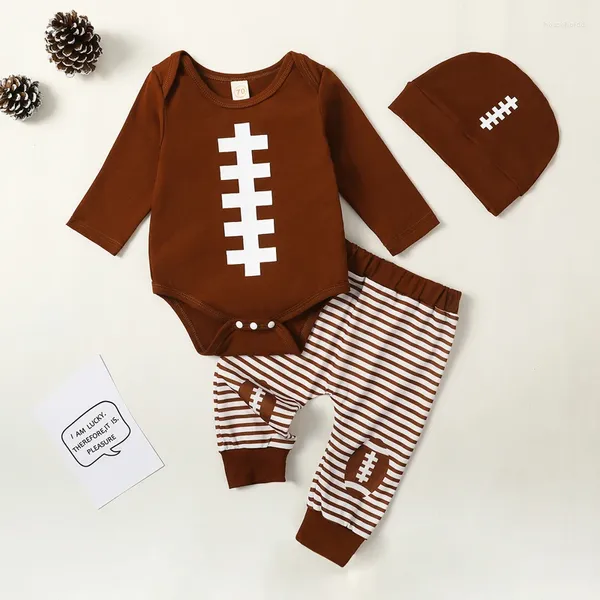 Set di abbigliamento FOCUSNORM 3 pezzi Vestiti per neonati per bambini 0-18M Stampa di calcio Pagliaccetti a maniche lunghe Pantaloni a righe elastiche Cappello a cuffia