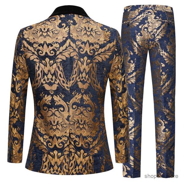 Ternos masculinos blazers ternos masculinos padrão de ouro e azul marinho noivo smoking xale cetim lapela padrinhos casamento melhor homem 2 peças (jaqueta + calças)
