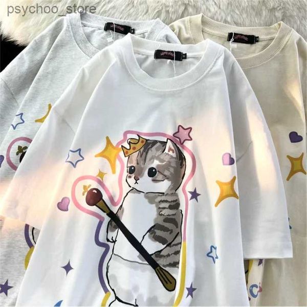 Erkek Tişörtler Komik Kedi Baskı Tişört Harajuku T-Shirt Nötr Sokak Giyseni Japon Kanji Kadın Tees Sevimli Üstler Sıradan Kısa Kollu Tshirt Q240130