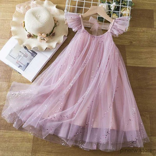 Vestidos de menina para bebês meninas roupas suspensas crianças crianças verão lantejoulas elegante vestido de princesa sólido bonito malha vestidos de menina para 3-8 anos roupas casuais