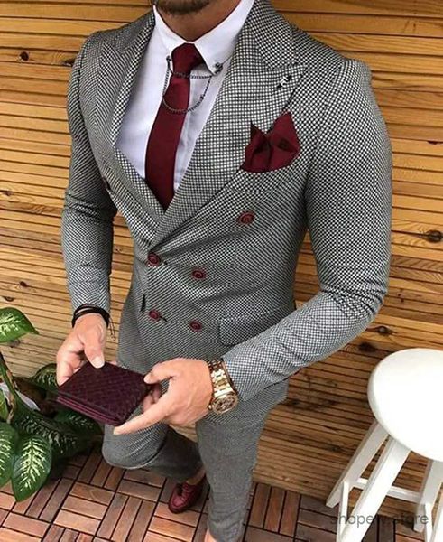 Abiti da uomo Blazer Abiti da lavoro da uomo 2 pezzi Doppio petto Vestibilità regolare Risvolto con risvolto Scozzese Smoking in lana da ballo per matrimonio (giacca + pantaloni)