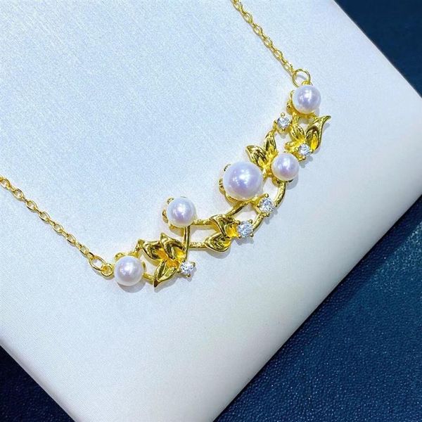 2209102 Colar feminino de pérolas, também conhecido como 4-6mm, flores pendentes, chocker 40 45cm au750 18k, banhado a ouro amarelo226Z