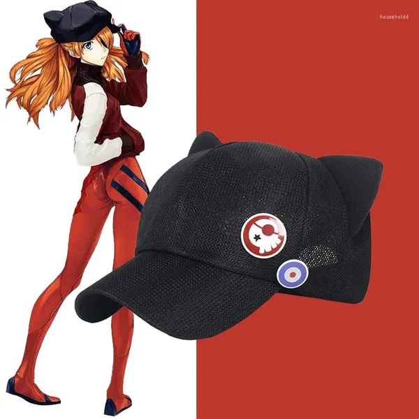 Fontes de festa bonito orelhas de gato eva asuka langley soryu cosplay chapéu de algodão adulto bonés de beisebol boné de malha emblema prop shikinami snapback