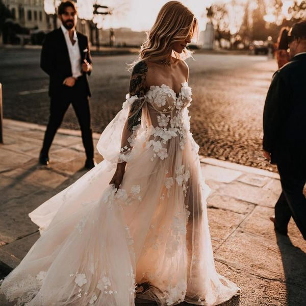 Abiti da sposa con applicazioni floreali 3D con spalle scoperte maniche lunghe a strati tulle con perline abito da sposa in pizzo per la sposa matrimonio per donne arabe nere africane D149