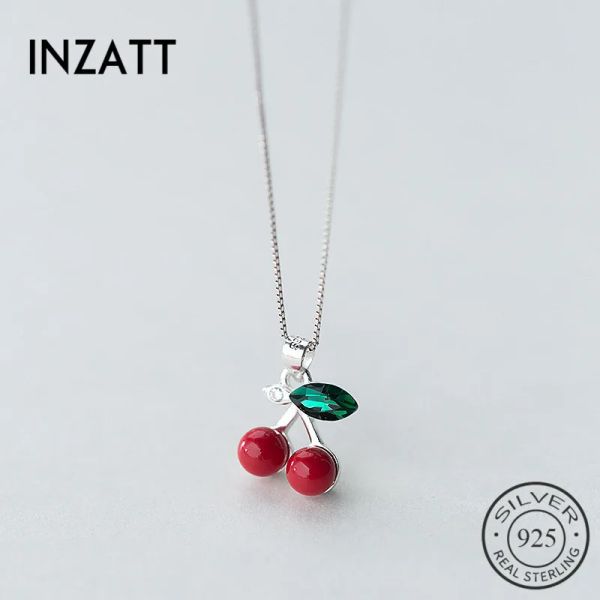 Colares Inzatt Trendy Real 925 Sterling Silver Pingente Pingente Colar Cristal Verde Cadeia de Cherry Cherry Metal para mulheres Presente