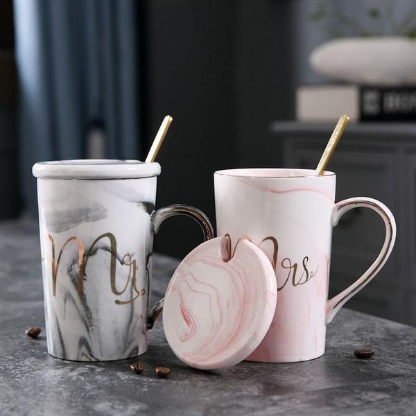 Tazze in ceramica con motivo fenicottero in marmo Placcatura in oro MRS MR Regalo per l'amante della coppia Tazza del mattino Caffè al latte Tè Colazione Creativo C255V