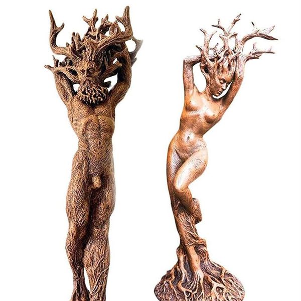 Orman tanrıçası erkek tanrı bir çift figür heykel dekorasyon reçine mücevher bahçe el sanatları yeşil adam ağaç241o