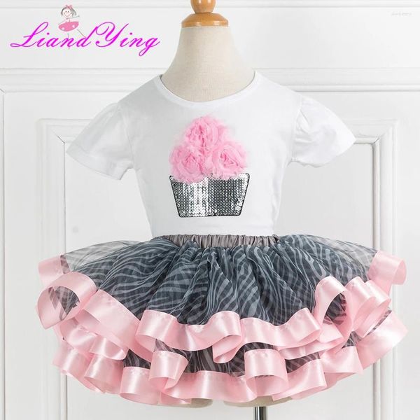 Conjuntos de roupas meninas aniversário tutu conjunto verão criança zebra listra leopardo impressão arco-íris ceia fofo crianças