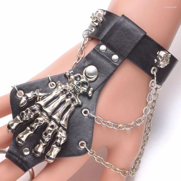 Link pulseiras punk gótico pulseira de couro preto com anéis de esqueleto acessório de mão jóias gota