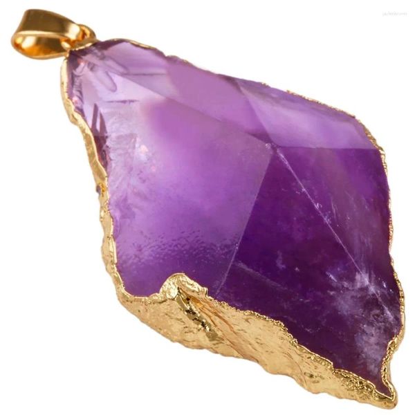 Anhänger Halsketten SUNYIK Natürlicher Amethyst Bergkristall Facettierter Punkt Unregelmäßiger Stein Heilung Goldfarbener Rand Frauen Edler Schmuck