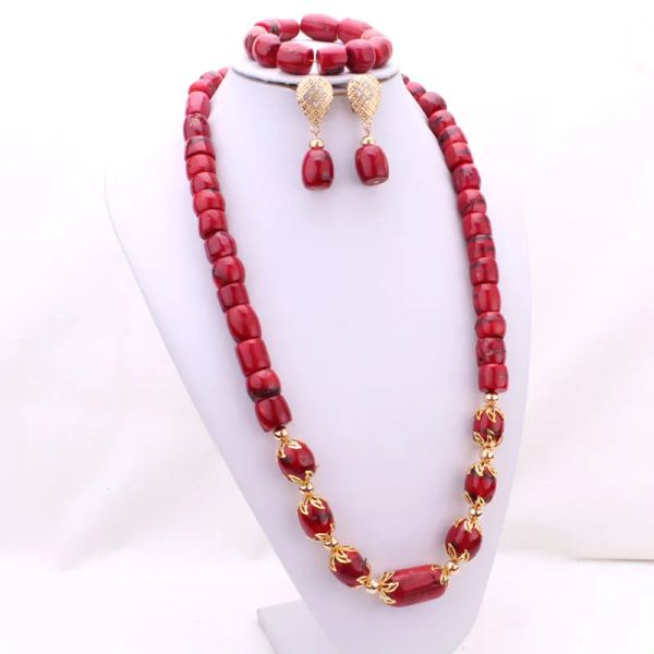 Cloisonne Dudo 32 polegadas 1213mm Conjunto de joias nigerianas Dubai Red Coral Beads para homens nigerianos Nature Coral Set