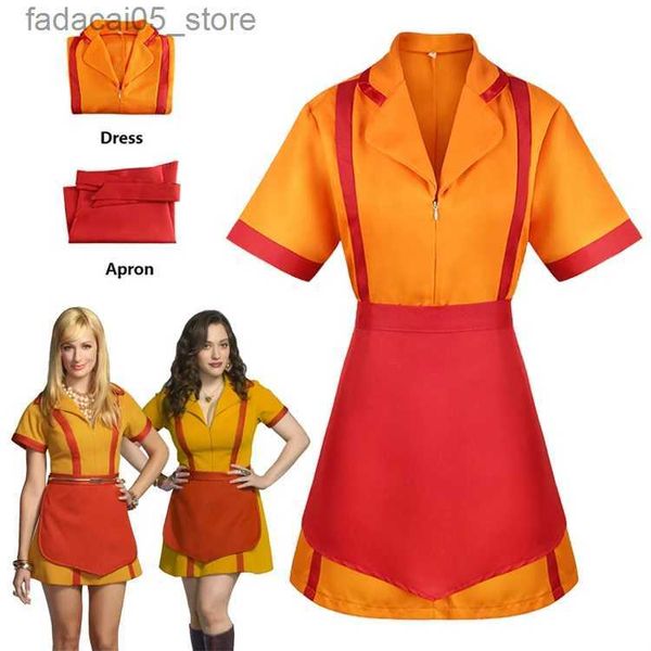 Themenkostüm 2 Broke Girls Cosplay-Kleid kommt für Halloween-Mädchen-Partykleidung Max Caroline Bar Kellnerin Dienstmädchen-Kleid COS mit Schürze Q240130