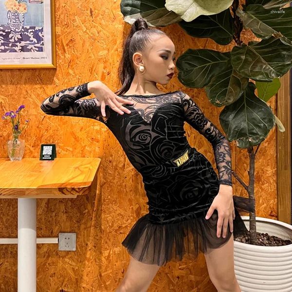 Sahne Giyim Kızlar Siyah Dantel Latin Dans Elbisesi Chacha Uygulama Bodysuit Etek Samba Rumba Tango Dans Performans Kostümü DL11567