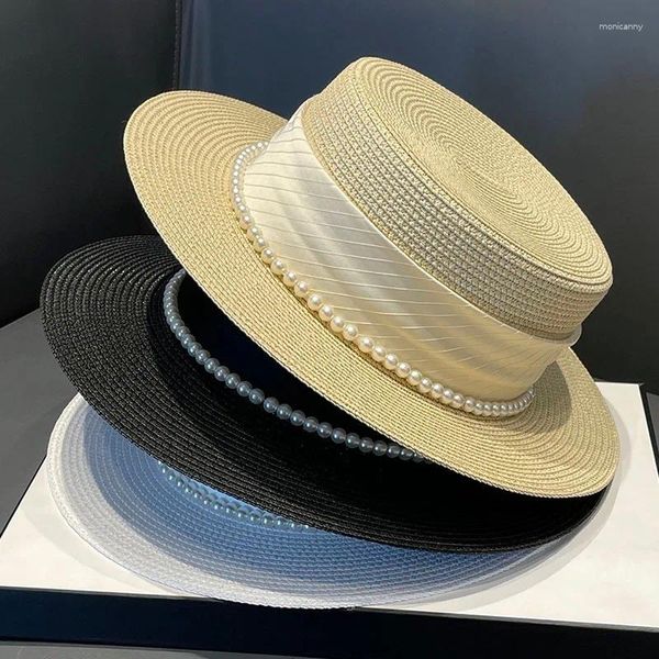 Breite Krempe Hüte 2024 Sommer Elegante Perle Kette Flache Sonne Für Frauen Chapeau Feminino Stroh Hut Panama Anti-Uv Strand Kappe mädchen Topee