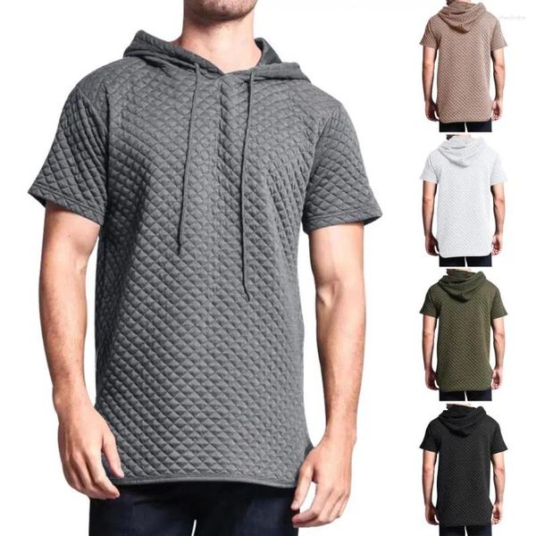 Camiseta masculina manga curta cordão moletom camiseta zíper lateral waffle solto ajuste masculino cor sólida esporte com capuz camiseta streetwear