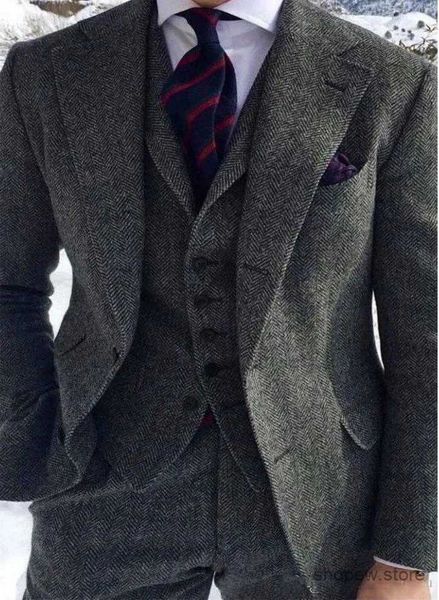 Abiti da uomo Blazer grigi Smoking da sposa in 3 pezzi Risvolto con risvolto Due bottoni Tweed a spina di pesce Abiti formali da uomo Custom Made Peaky Blinders Sposo