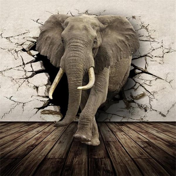 Wallpapers tamanho personalizado 3d parede quebrada elefante rinoceronte po mural papel para crianças quarto sala de estar decoração não-tecido wallpape275b